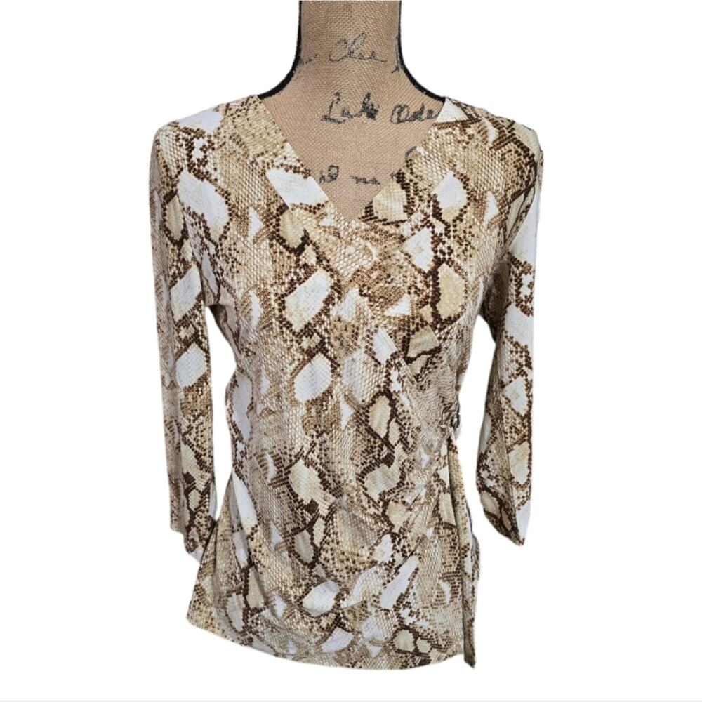 Ralph Lauren Tan & White Snakeskin Surplice‎ Belted Waist Stretch Blouse Size M